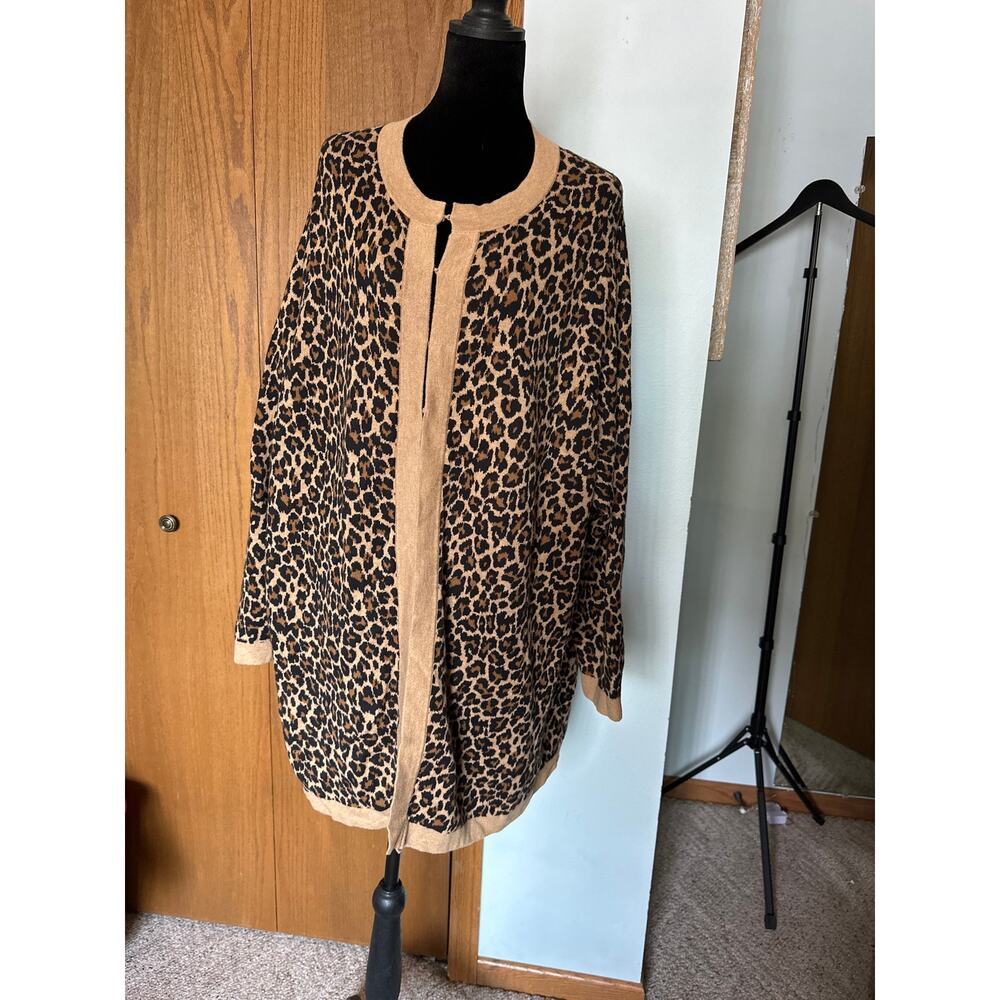 Lands' End Leopard Cardigan Sweater Plus 3X Animal Print Knit Vtg Mob Wife